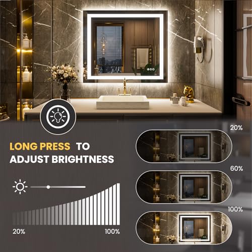 Image of LOAAO 40 inchx34 inch LED Bathroom Mirror with Lights, Anti-Fog, Dimmable, Backlit + Front Lit, Lighted Bathroom Vanity Mirror for Wall, Memory Function