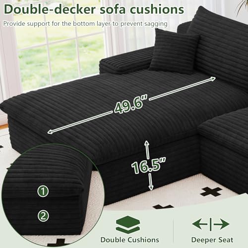 Image of 107 inch Cloud Couch Modular Sectional Sofa for Living Room, U-Shape Boneless Couch with Deep Seat, Modern Corduroy 3-Seater with Ottoman, No Assembly Required (Black,Left-Facing Chaise)