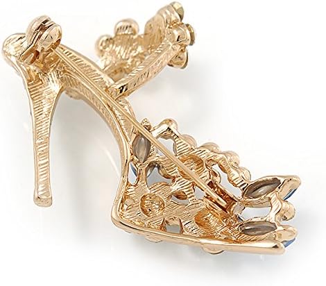 Clear/Blue Crystal Sexy High Heel Shoe Brooch In Gold Plated Metal - 45mm, white / ivory, gold, light blue - Image 3