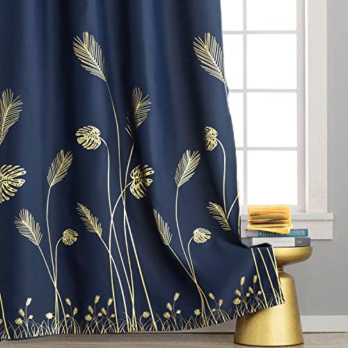 Estelar Textiler Blackout Curtains For Living Room 84 Inches Long Gold Palm Tree Printed Thermal Insulated Room Darkening Curtains For Bedroom, Navy Blue, 52Wx84L, 2 Panels #TOP6