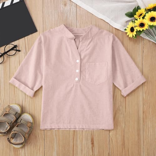 Teen Kids Girls Cotton Linen Shirts Roll Up Elbow-Length Sleeve Shirt V-Neck Button-Down Blouse for Girls Summer Top2