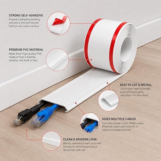 Image of Floor Cord Cover PVC Cable Protector for Wires on Floor, Cord Hider for Wall, Extension Cables, Wire Cover for Cable Management (1 Meter)