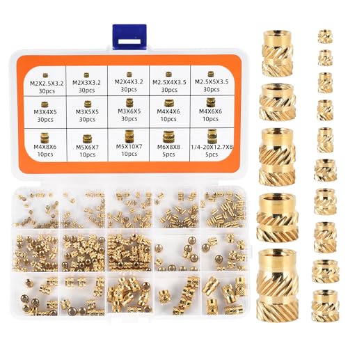 300 unidades, rosca M2, M2, M2,5, M3, M4, M5, M6, tuerca roscada de latón, rosca interior, tuercas moleteadas con caja de plástico para piezas de plástico, por calor o ultrasonido en piezas de