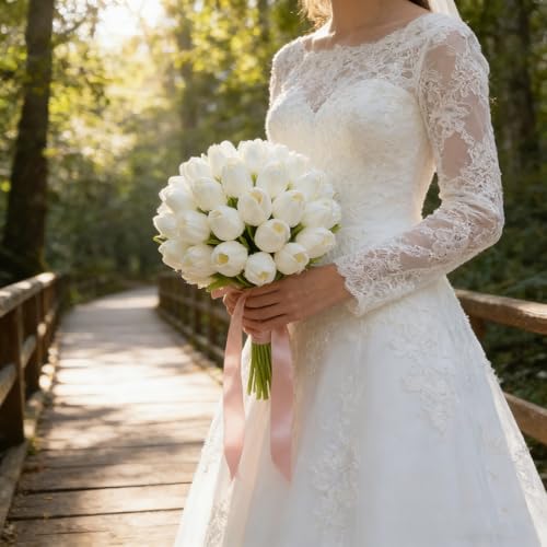 Artificial Tulips Bridal Wedding Festival Decor Bouquet Real Touch PU Flower Bouquet Pack of 20 (White) image 5