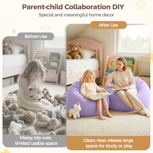Image of Stuffed Animal Storage Bean Bag Chair Cover for Kids (No Filler), Soft Comfy Velvet Beanbag Chair Cover Machine Washable, Kids Bean Bag Chair with Handle for Living Room Bedroom Dorm, Purple