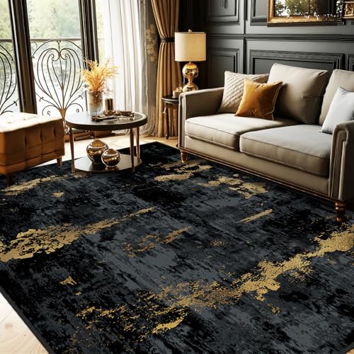 RELEANY Washable Area Rugs 5'x7' Non-Slip Modern Abstract Soft for Living Room Entryway Bedroom Nursery, Print Pattern, Dark Black Gold