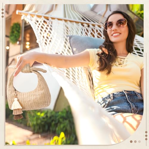 Image of Abbylike Knotted Straw Clutch Purse with Tassels Summer Beach Bag Bow Dumpling Evening Handbag for Women Beach Party Travel