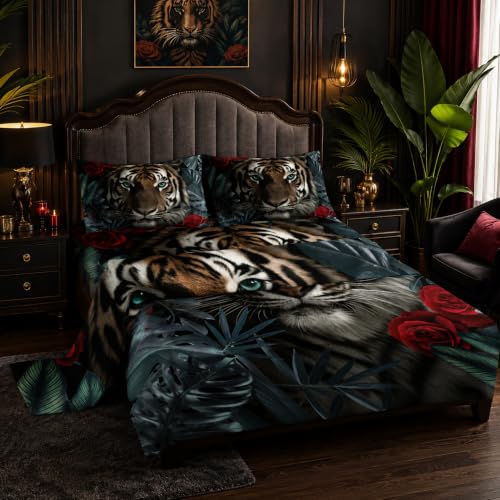 Nttopship Tiger 4 Pieces Bed Sheet Sets Twin Size Tiger Bedding Sets with 16" Deep Pockets Wild Animal Printed Bedroom Decor,Red Rose Flower Bedding Set 4 PCS(1 Fitted+1 Flat+2 Pillowcases)