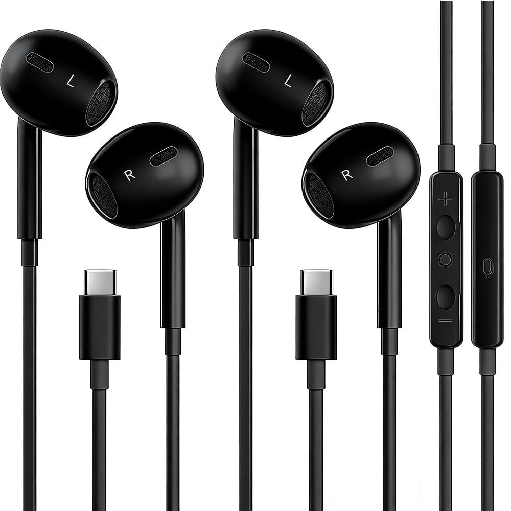 2 Pack USB C Headphones for iPhone 17 16 15 Pro Max, Type C Earphones with Microphone & Remote Control Noise Cancelling Wired Earbuds USB C for Galaxy S25 Ultra S24 S23 S22 S21 S20, Pixel 8 9, Black
