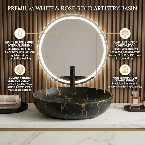 Image of BASSINO 20x16x5 Inches Ceramic Table Top Wash Basin /Designer Bathroom Sink /Luxury Countertop Vessel Basin /Oval Above Counter Basin /Wash Basin for Bathroom /Dining Hall /Vanity Sink(Matt Black Marble)