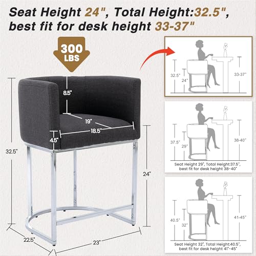 Image of HNY Modern Counter Height Linen Charcoal Fabric Upholstered Counter Stools Set of 4, 24 Inch Kitchen Island Stool with Chrome Finish Metal Frame