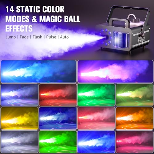 Nebelmaschine 1200W Rauchmaschine mit Fernbedienung, 9 RGB LED Lichteffekt Party Disco Beam 14 Farben Strobe Mini Nebel Maschine für DJ Halloween Hochzeit Weihnachten Bühne