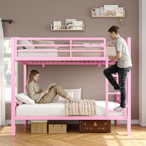 Image of iPormis Metal Bunk Bed Twin Over Twin, Heavy Duty Bunk with High Guardrail and Safety Entrance Design, Under-Bed Storage Space, Easy Assembly, Noise Free, Pink