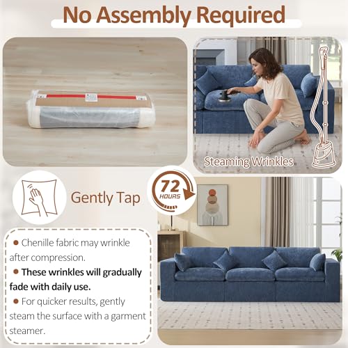 Image of 115''Cloud Boneless Sectional Couch, Modular Sectional Sofa Deep Seat, Oversized Upholstered Convertible Comfy 3 Seater Chenille Memory Foam Sofa Couches for Living Room, Blue