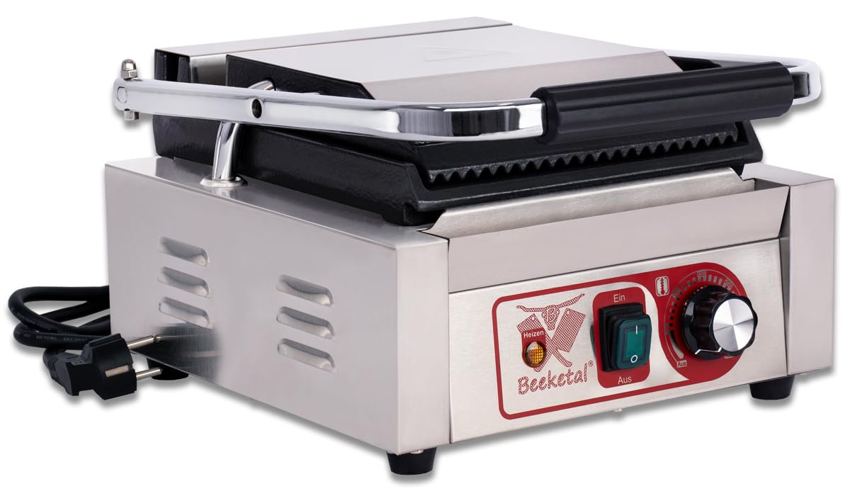 Beeketal 'BKG2' Gastro Kontaktgrill mit Gusseisen Grillpatten (oben gerillt unten glatt) mit Fettauffangschale, Profi Edelstahl Elektrogrill ideal als Panini Grill Maker oder Sandwich Toaster