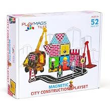 Playmags City Construction Magnetic Tiles Set, Building Blocks with Crane & Road Pieces, Educational STEM Toys for Boys & Girls Ages 3+ 52-Piece