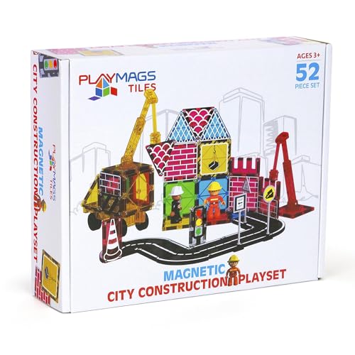 Playmags 52-Teiliges Stadtbau-Magnetfliesen-Set, Bausteine Mit Kran & Straßenstücken, Pädagogisches STEM-Spielzeug Für Jungen Und Mädchen Ab 3 Jahren