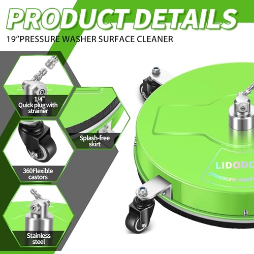 Image of LidoDola 19'' Pressure Washer Surface Cleaner with 4 Wheels - Stainless Steel Surface Cleaner for Pressure Washer Attachment for Concrete, Driveway, Patio, Sidewalk, Deck and Driveways (19 INCH GREEN)