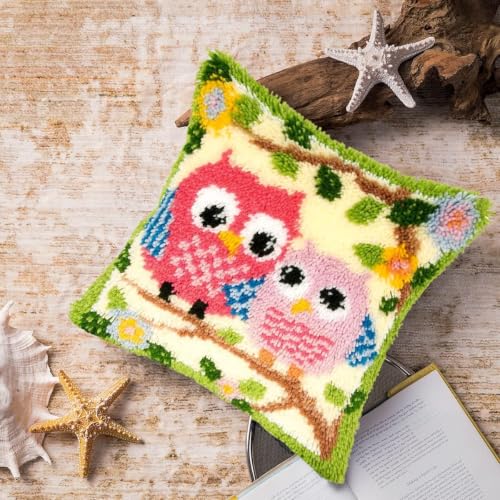 Image of clubevy DIY Latch Hook Kits Pillow Case Embroidery Carpet Set Needlework Pillow Cover Sofa Cushion Cover Craft Kits 17x17 inch (Owl 2)