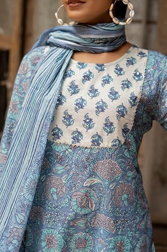 Image of MIRCHI FASHION Women's Straight Fit Pure Cotton Embellished Floral Printed Kurta Set with Dupatta and Trouser