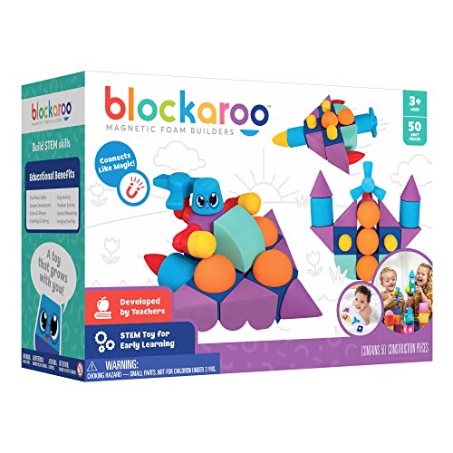 Blockaroo Magnetic Foam Building Blocks - 50-Piece Set, Bath Toys for Toddlers, Preschool Toys, Bathtub Toys, Sensory Toys, Blocks for Toddlers 3-5,...