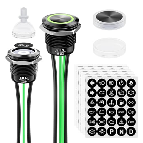 FILN-2PCS Latching Pushbutton Switch Power Includes 180 Replacement Symbols 12V 19mm Mounting Hole 20A IP67 Waterproof for Cars Boat(Green)