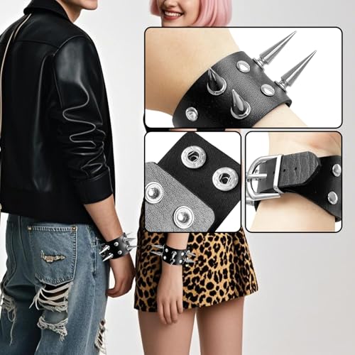 9 Pieces Punk Studded Goth Bracelet Leather Rivets Bracelet Cuff Adjustable Wristband Gothic Accessories for Men Women Halloween4