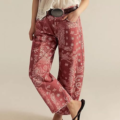 Women's Baggy Boyfriend Barrel Jeans, Mid Rise Wide Leg Ankle 2025 Fall Winter Y2K Floral Print Boho Denim Pants2