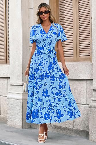 Image of MASCOMODA Women Boho Swiss Dot Maxi Dresses Wrap V Neck Flutter Short Sleeve Solid Tie Waist A Line Tiered Flowy Long Dresses