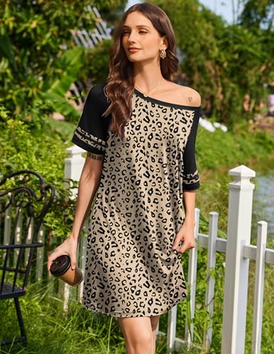 Image of Ekouaer Nightgowns for Women Color Block Sleep Shirt Short Sleeve Sleepwear