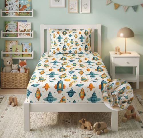 Image of VAS COLLECTIONS Single Bed Fitted Bedsheet 36x72+8 Inches with 1 Pillow Cover | 180 TC Microfiber Elastic Bed Sheet | Soft Breathable Cute Printed Design for Kids & Couples (Kid Rocket Print)