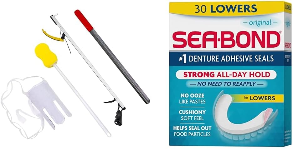 FabLife Hip Kit Mobility Aids Bundle with Reacher, Sponge, Sock Aid, Shoehorn and Sea Bond Denture Adhesive Seals, Original Lowers, Zinc-Free, 30 Count