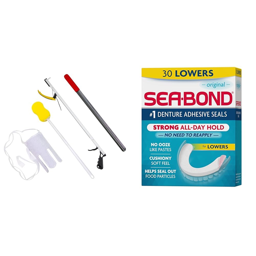 FabLife Hip Kit Mobility Aids Bundle with Reacher, Sponge, Sock Aid, Shoehorn and Sea Bond Denture Adhesive Seals, Original Lowers, Zinc-Free, 30 Count