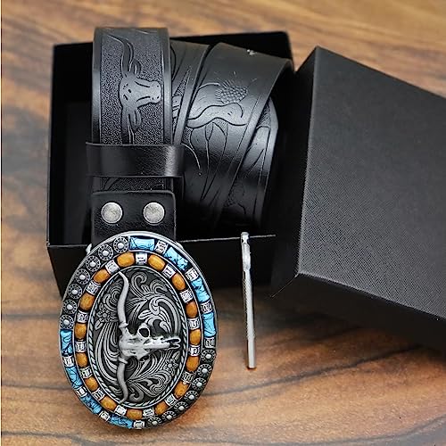 RechicGu Western Cowboy Black Leather Belts With Long Horn Bull Buckles, Floral Engraved Rodeo Belt Strap for Men Women Gift3