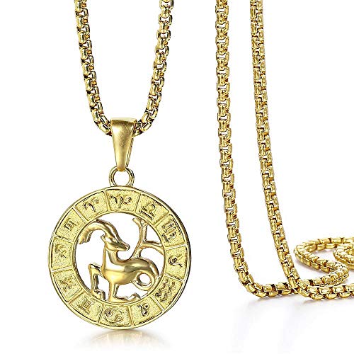 Trendsmax Capricornus Constellation Horoscope Astrology Zodiac Sign Pendant Necklace For Women Men Gold Plated Stainless Steel 22Inch Box Link Chain #TOP1