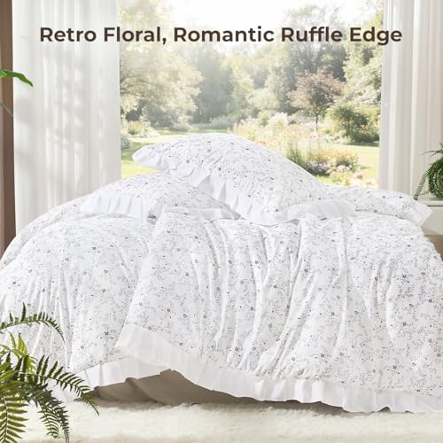 Image of Litanika Floral Ruffle Queen Comforter Set, 3 Pieces White Cream Farmhouse Aesthetic Soft Lightweight Fluffy Bedding Comforter Sets for Girls Women, All Season (90x90In Comforter, 2 Pillowcases)