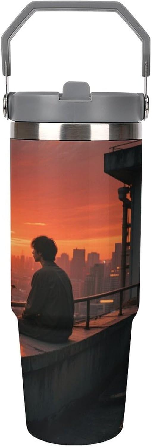 30 Oz Insulated Mug with Handle Lid And Straw Rooftop at Dusk Pattern Large Metal Sports Bottle Great for Gifts Parties Office Coffee