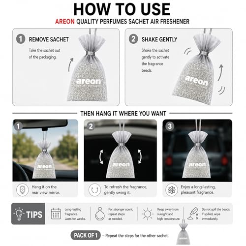 Image of AREON Pearls Lux Platinum Air Freshener Pack of 3 - Premium Perfume Beads for Car, Home, Office, Long Lasting Fragrance - Odor Eliminator - Luxury Scent Freshener for Small Spaces