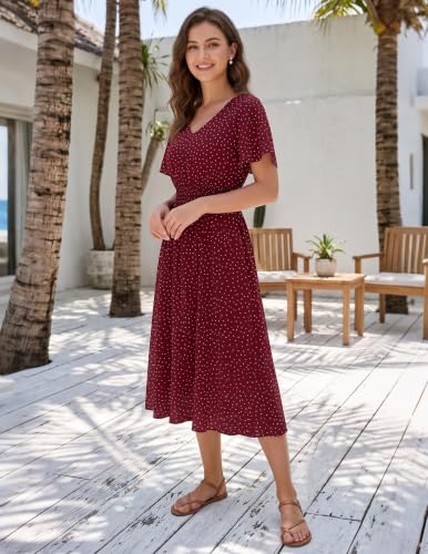 Image of Gardenwed Chiffon Floral Dresses Summer Midi Wedding Guest Dress V Neck for Women Elastic Waist