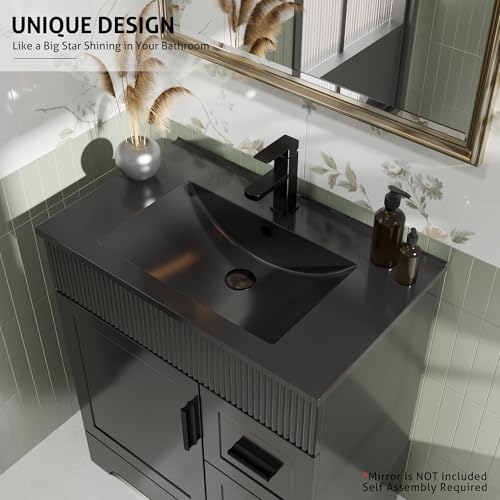 Image of eclife 30 inch Bathroom Vanities Sink Combo with Painted Surface, Modern Drawered Cabinet W /Decorative Wave Lines, Undermount Single Black Sink, Matte Black Faucet Drain, Black