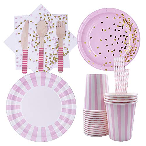 128 Pezzi Posate Monouso in Rosa, Set di Stoviglie USA e Getta Forniture per Feste, per Feste, Matrimoni, Anniversari, Compleanni (16 Ospiti)