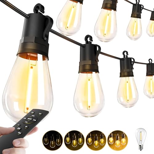 Outdoor String Lights Patio LED - Light Outside 50Ft 15M Waterproof Remote Dimmable S14 Porch Lighting Edison Plastic Bulb Pergola Hanging Balcony Connectable Backyard Yard Gazebo Party Garden Bistro