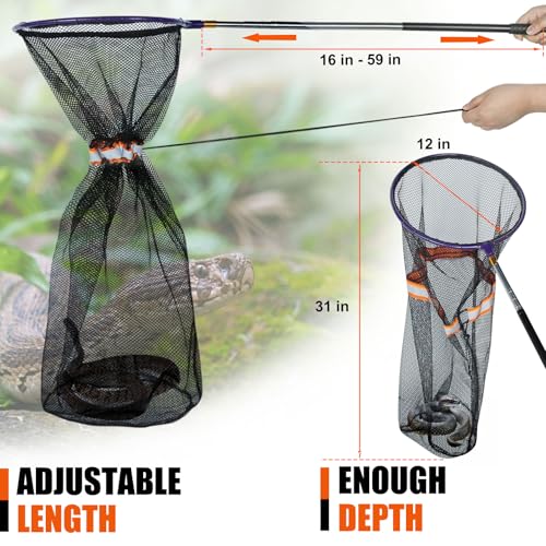 Image of Snake Catcher Net with Secure Drawstring, Rattlesnake Grabber Tool, Reptile Catch Telescopic Pole, 16''-59'' Stainless Steel Extendable Snake Stick&12'' Net Opening for Rattle Snake Removing Catching