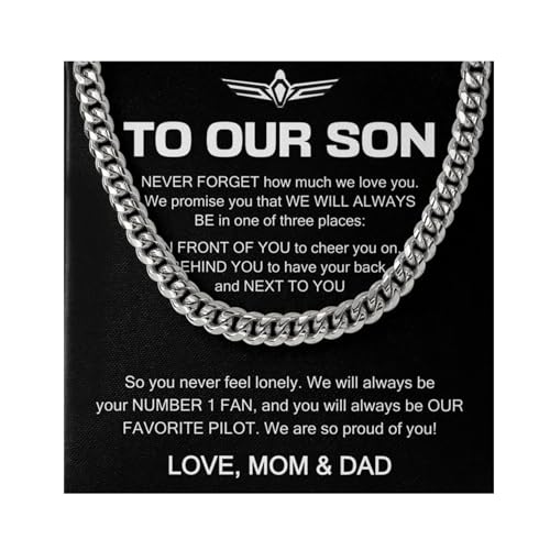 Flairy Land Pilot Son Necklace Cuban Chain Silver - Never Forget How Much We Love You - Appreciation Captain Aviation Flight Jet From Mom Dad
