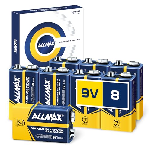 Allmax 9V (6LR61) Maximum Power Alkaline Batteries (8 Count) – Ultra Long-Lasting, Leakproof Design, 7-Year Shelf Life, Maximum Performance, Perfect for Smoke Detectors (9 Volt)
