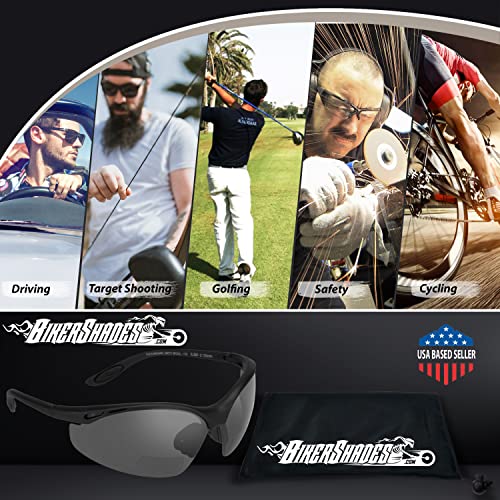 Bikershades Safety Bifocal Sunglass Readers w/Strap Wrap-Around Semi-Rimless Men Women Smoke Clear Yellow High Definition HD4