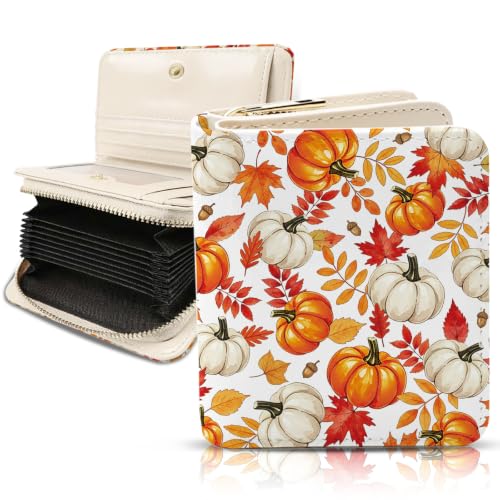 Image of Fall Wallet for Women, Pumpkin Maple Leaf PU Leather Accordion Wallet