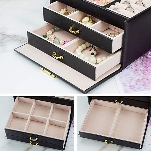 ADEL DREAM Jewellery Box Lockable 3 Tier with 2 Drawers with Mirror for Rings, Earrings, Necklaces and Bracelets (Black)