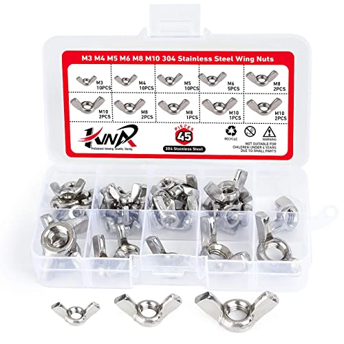 304 Stainless Steel Wing Nuts,Metric M3 M4 M5 M6 M8 M10 Assortment Kit,Wingnuts Butterfly Nuts,45PCS