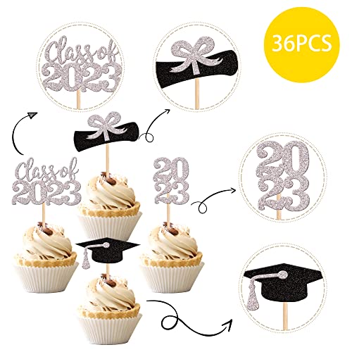 36 Pcs 2023 Graduation Theme Cupcake Toppers Glitter Class Of 2023 Graduation Cap Diploma Cupcake Picks 2023 Graduation Theme Party Cake Decorations Supplies Silver #TOP18